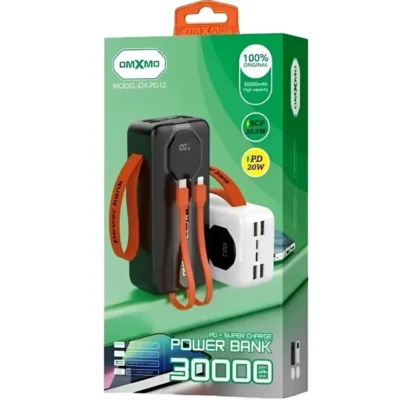 پاوربانک غول 30000 هزار اصلی 22/5W OMXMO سوپر فست 8 خروجی 4.8 امپر کمپینگ شرکتی کابل سر خود